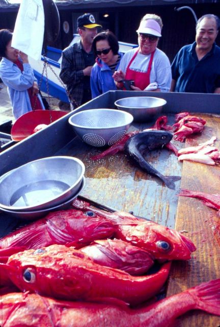 Eager buyers make their selections from the morning's bountiful catch of rockfish and sablefish. Picture
