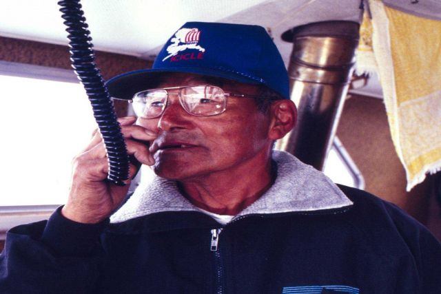 Inside the pilot house, the skipper relies on modern communication and navigation equipment. Picture