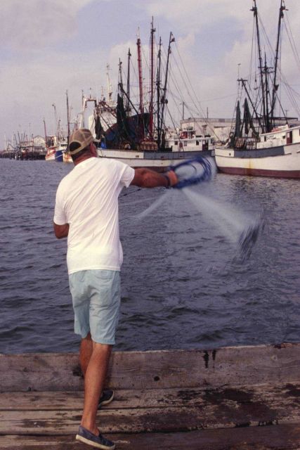 This fisherman in Aransas Pass, Texas, like many anglers, is adept at cast-netting for bait fish. Picture