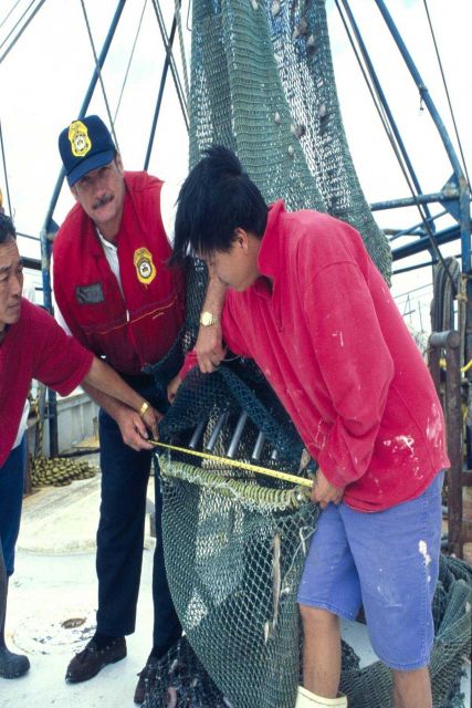 A Pascagoula, Mississippi, shrimper crew helps an enforcement officer verify that their TED meets specifications. Picture