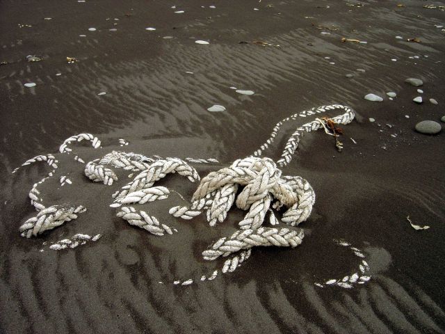 Appears to be hemp rope on a black sand Aleutian Island beach. Picture