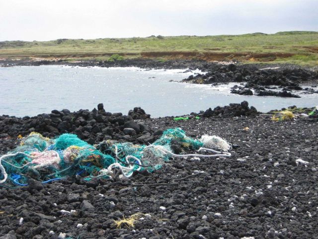 Tangled nets are found on a black rock beach Picture