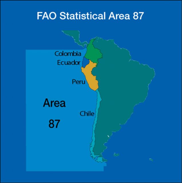 The Southeast portion of the Pacific Ocean corresponds to the United Nations Food and Agriculture Organization (FAO) Area 87. Picture