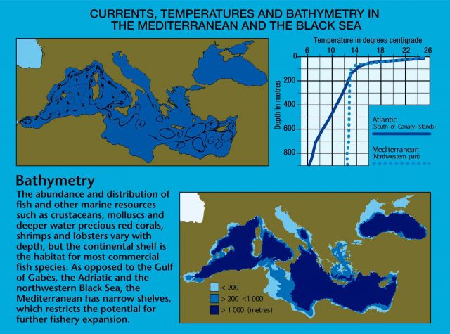 Currents and Temperature - Atlantic waters enter the Mediterranean through the Straits of Gibraltar and flow east along the North African coast, becom Picture