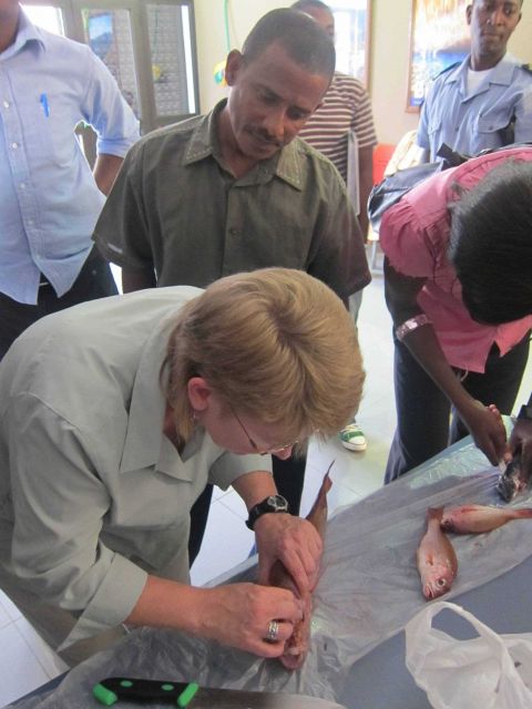 Teresa Turk, NMFS International Affairs Capacity Building, instructing students on how to find otoliths Picture