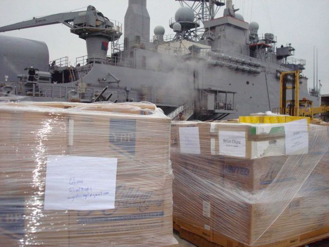 Humanitarian shipment to Senegal ready for loading on USS NASHVILLE, LPD 13. Picture
