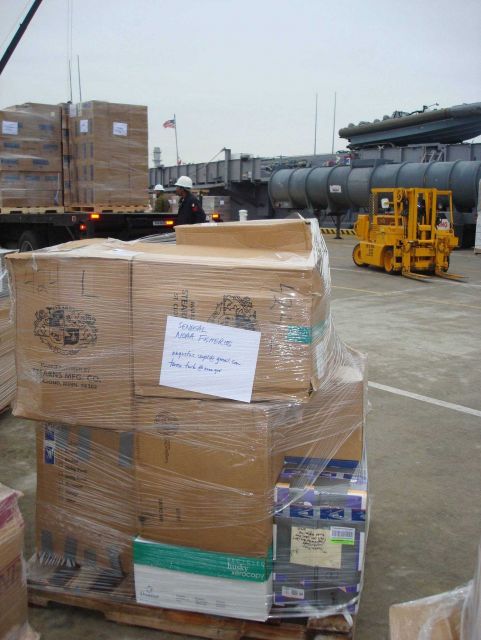 Humanitarian shipment to Senegal ready for loading on USS NASHVILLE, LPD 13. Picture