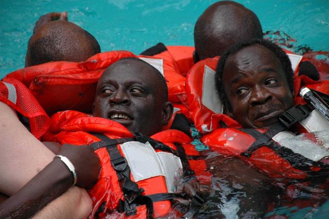 Water survival skills training session for Senegalese artisanal fishermen. Picture
