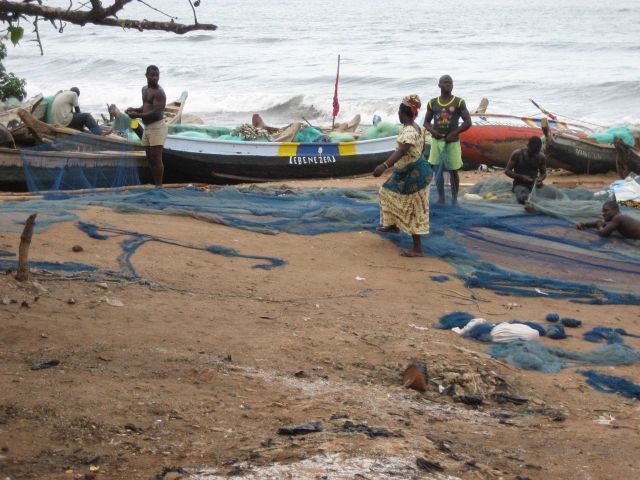 Ghanaian fishers mending nets Picture