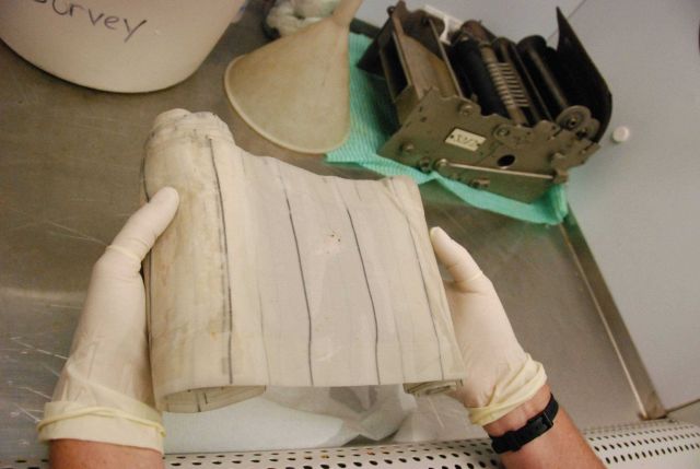 Plankton is collected on silk mesh as water flows through the continuous plankton recorder. Picture