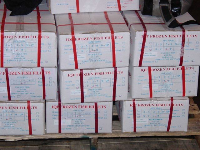 Boxes of frozen fillets of catfish of the genus Pangasius - called basa, swai, or sutchi - that were improted into the U.S Picture