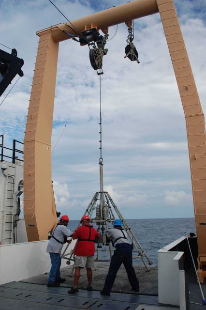 Deploying a corer from the A-frame of the NOAA Ship PISCES Picture