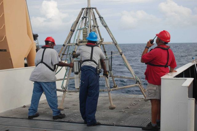 Deploying a corer from the A-frame of the NOAA Ship PISCES Picture