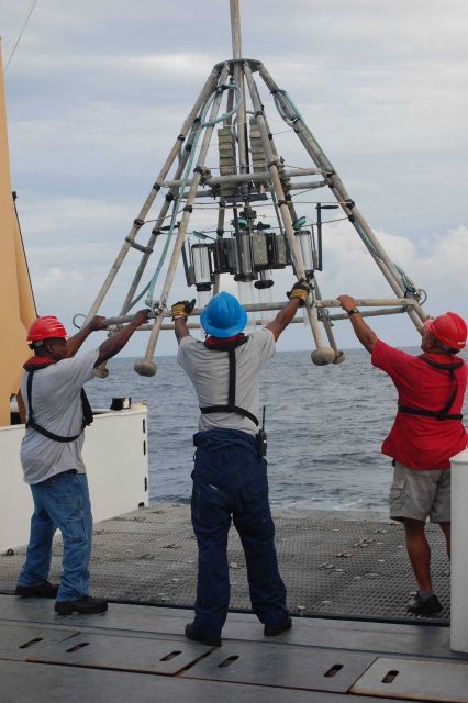 Deploying a corer from the A-frame of the NOAA Ship PISCES Picture