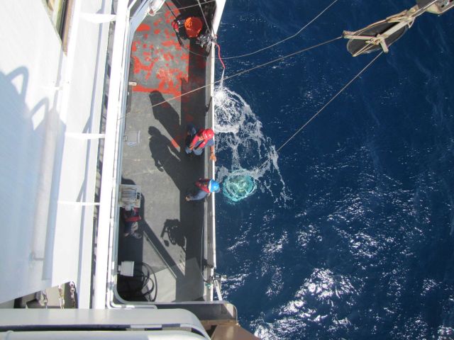 Deploying a CTD rosette with few water sampling bottles. Picture
