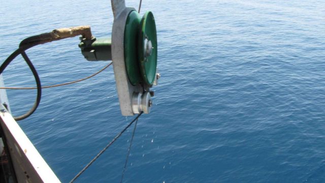Power block in operation retrieving fish trap. Picture