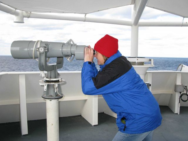 Biologist assuring no dolphin or marine turtles in vicinity of NOAA Ship PISCES while conducting trawl surveys which could entangle such protected res Picture