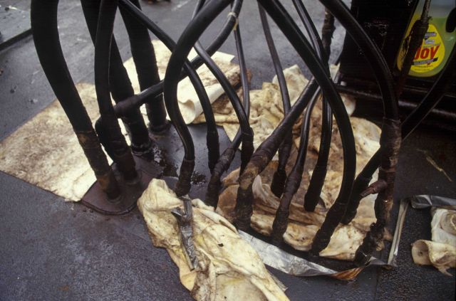 A forest of hydraulic lines associated with a winch or crane on the NOAA Ship MILLER FREEMAN. Picture