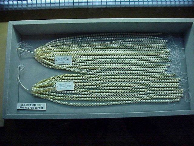 Strings of cultured pearls ready for export outside of Japan. Picture
