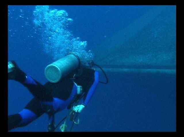 A diver swimming toward the offshore cage in Hawaii with equipment. Picture