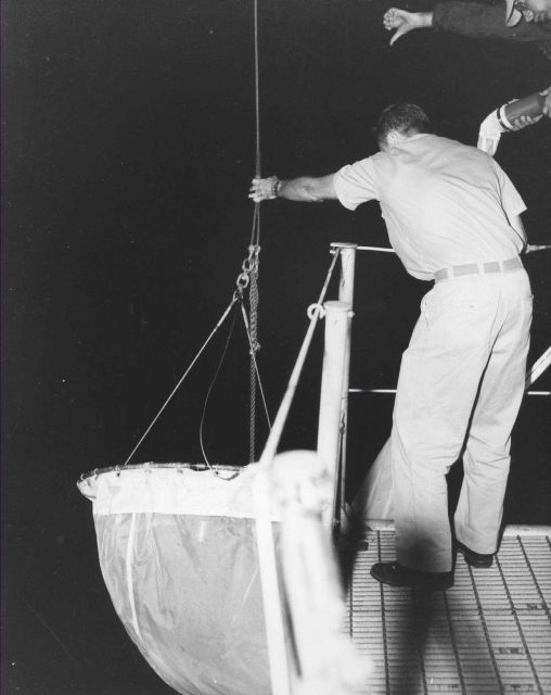 Plankton net recovery on board USC&GS OCEANOGRAPHER during its 1967 global expedition. Picture