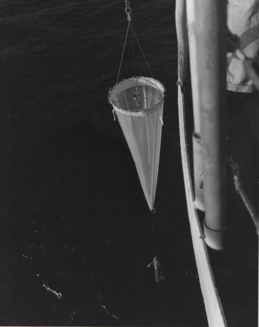 Plankton net being deployed on C&GS Ship PIONEER - probably during 1964 Indian Ocean Expedition. Picture