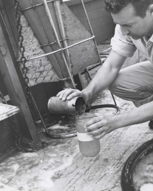 Collecting plankton samples at sea aboard a chartered shrimp trawler to determine the distribution and abundance of the larval and early postlarval st Picture