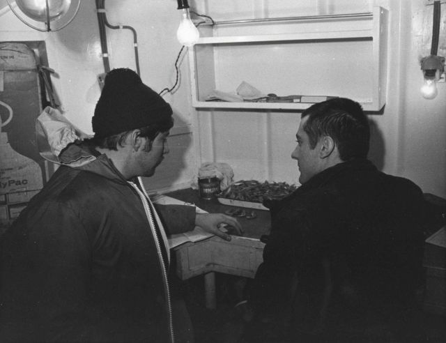 Perry Thompson of the NMFS Kodiak Fisheries Research Facility discusses sexual characteristics of Pandalid shrimp with Soviet Chief Scientist Yuri Ski Picture