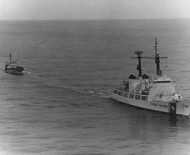 USCGC MUNRO towing Soviet SRTM ARMATURSHCHIK to Kodiak after apprehending violating the CFZ off Lighthouse Rock. Picture
