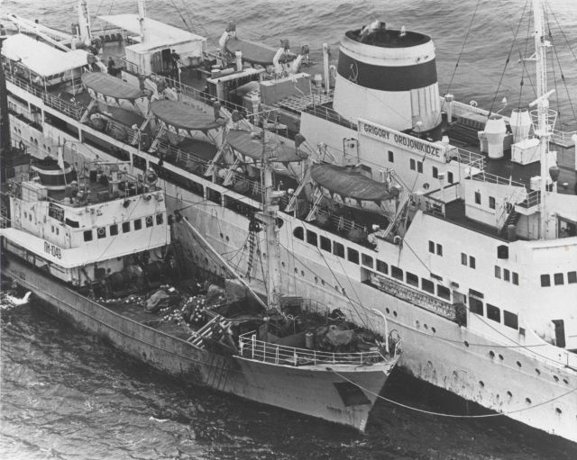 Soviet passenger vessel preparing to deliver a new crew to a trawler. Picture