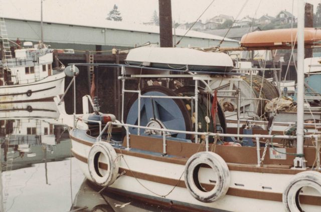 Stern of salmon purse seiners showing drum for setting and hauling nets Picture