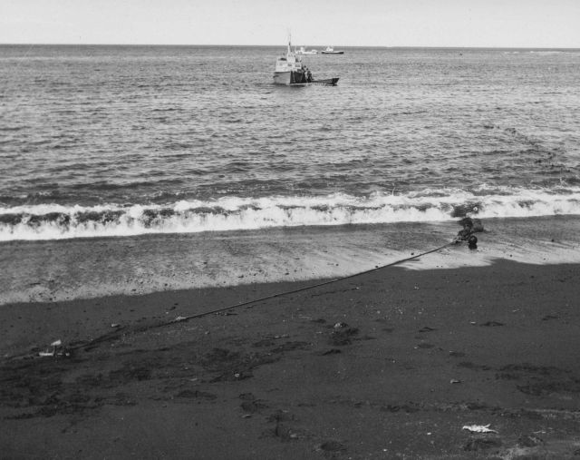 Salmon purse seiner anchoring net on shore - attempting to capture all salmon swimming close to the beach. Picture