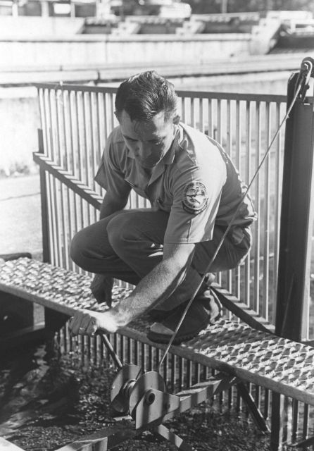 Operating the mechanical fish crowder Picture