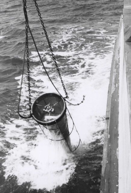 A Gulf V plankton sampler being hauled aboard after a shrimp larvae sampling tow has been completed. Picture