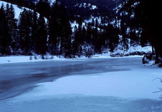 North Fork of the John Day River frozen over below Dale. Picture