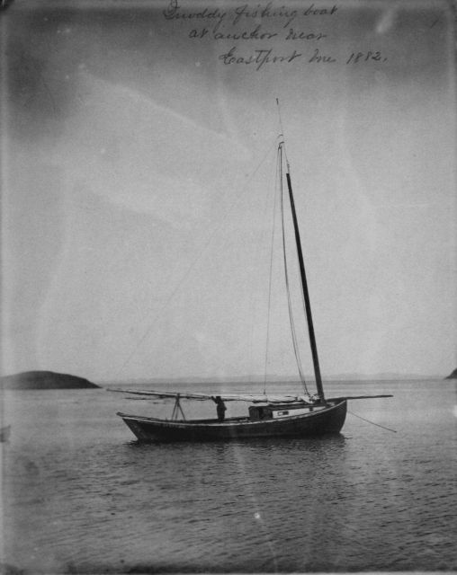 Quoddy fishing boat at anchor near Eastport, ME, 1882. Picture