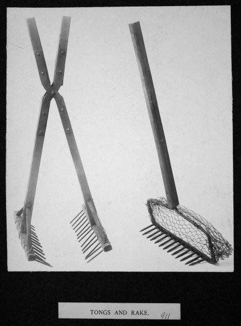Tongs and rake. Picture