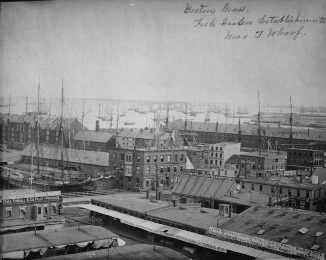 Boston, MA, fish dealers establishments near T Wharf. Picture