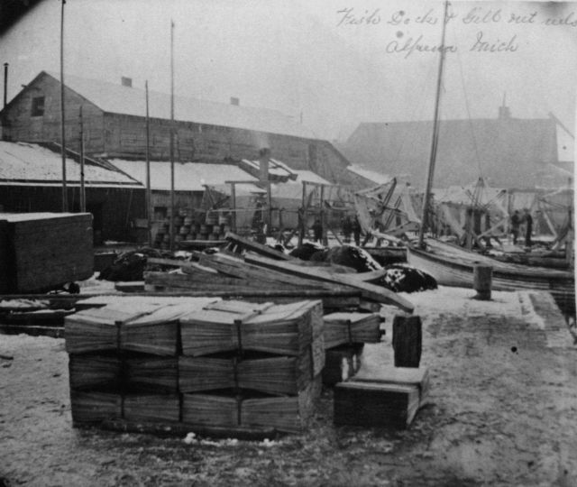 Fish docks and gill net reels, Alpena, MI. Picture