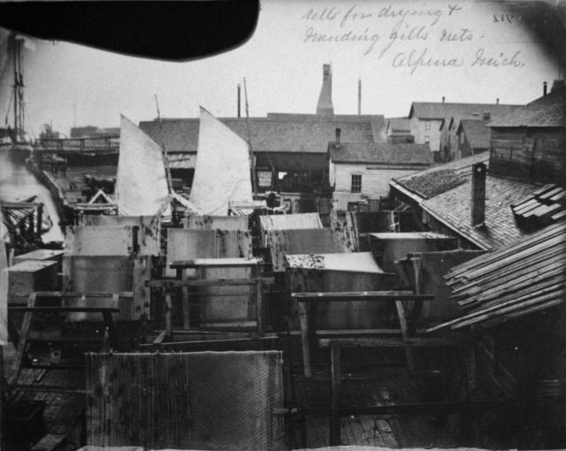 Reels for drying and mending gill nets, Alpena, MI. Picture