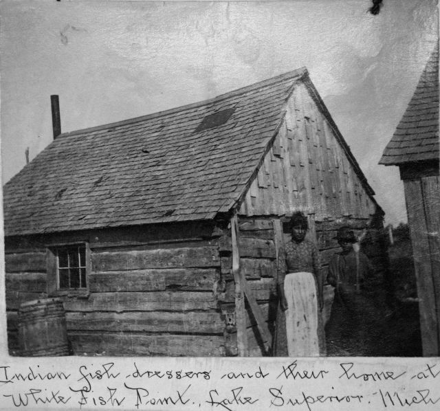 Indian fish dressers and their home at White Fish Point, Lake Superior, MI. Picture