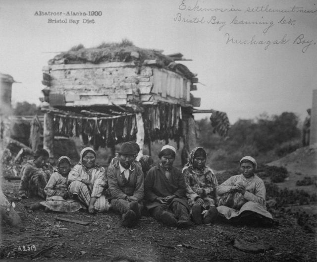 Albatross, AK, 1900, Bristol Bay district, Eskimoes in settlement near Bristol Bay Canning Co., Nushagak Bay. Picture