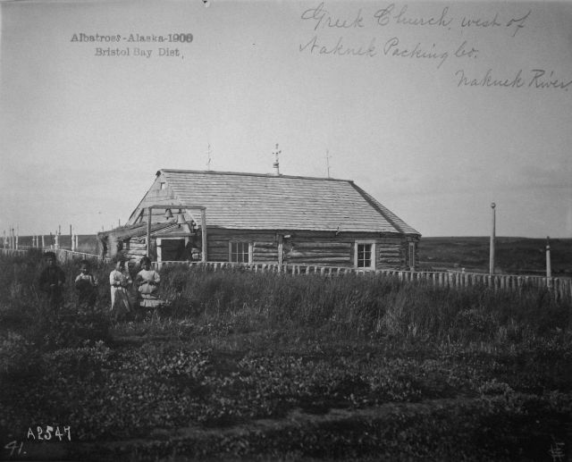 Albatross, AK, 1900, Bristol Bay district, Greek (Russian) church west of Naknek Packing Co., Naknek River. Picture
