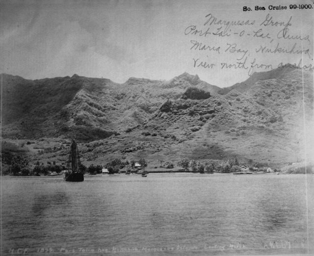 Marquesas Group, port Lai-o-Lae, Anna Maria Bay, Nukuhiva, view north from anchor, South Seas cruise, 99-1900. Picture