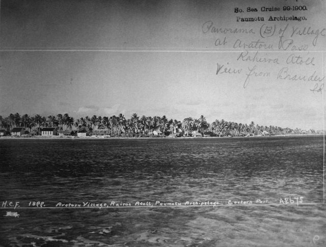 Panorama of village at Avatoru Village, Rairoa Atoll, Paumotu Archipelago, eastern part, view from Brander Island. Picture