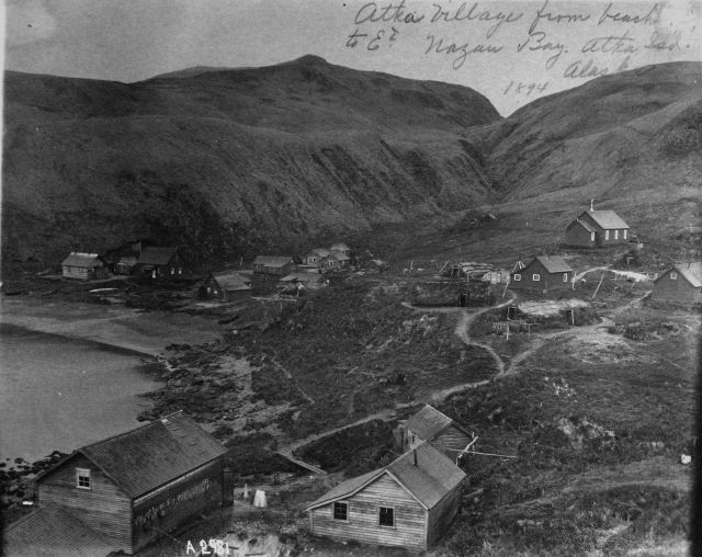 Atka village from beach to east, Nazan Bay, Atka Id, AK, 1894. Picture