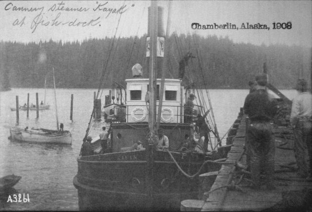 Chamberlin, AK, 1903, cannery steamer Kayak at fish dock. Picture
