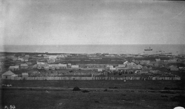 Punta Arenas, Strait of Magellan, as seen from the hill back of the town, the Albatross lying in the harbor. Picture