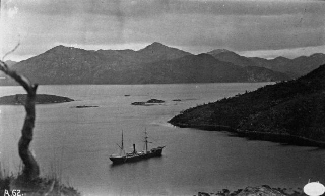 The Albatross at anchor in Borja Bay, as seen from the top of the hill, 1888. Picture