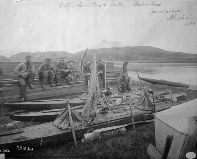 Otter hunters and boats, bidarkas, Unalaska, AK, 1890. Picture